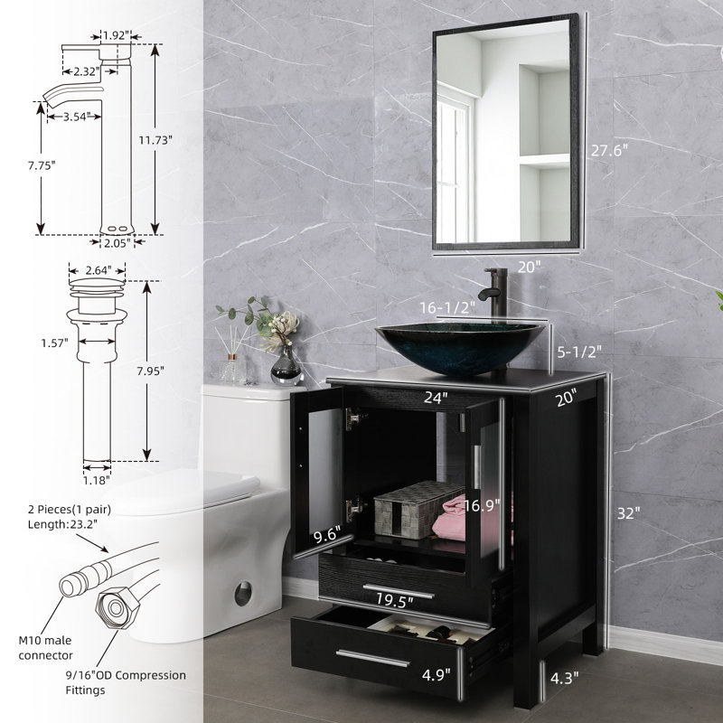 Daleny 24" Single Bathroom Vanity Set with Vessel Sink, Manufactured Wood Top, Faucet, Drain, Black, Dark Espresso