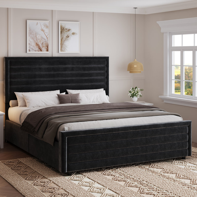 Bed Frame, Upholstered Platform Bed with Velvet Headboard and Footboard, Mattress Foundation with Wooden Slats, Black, Full