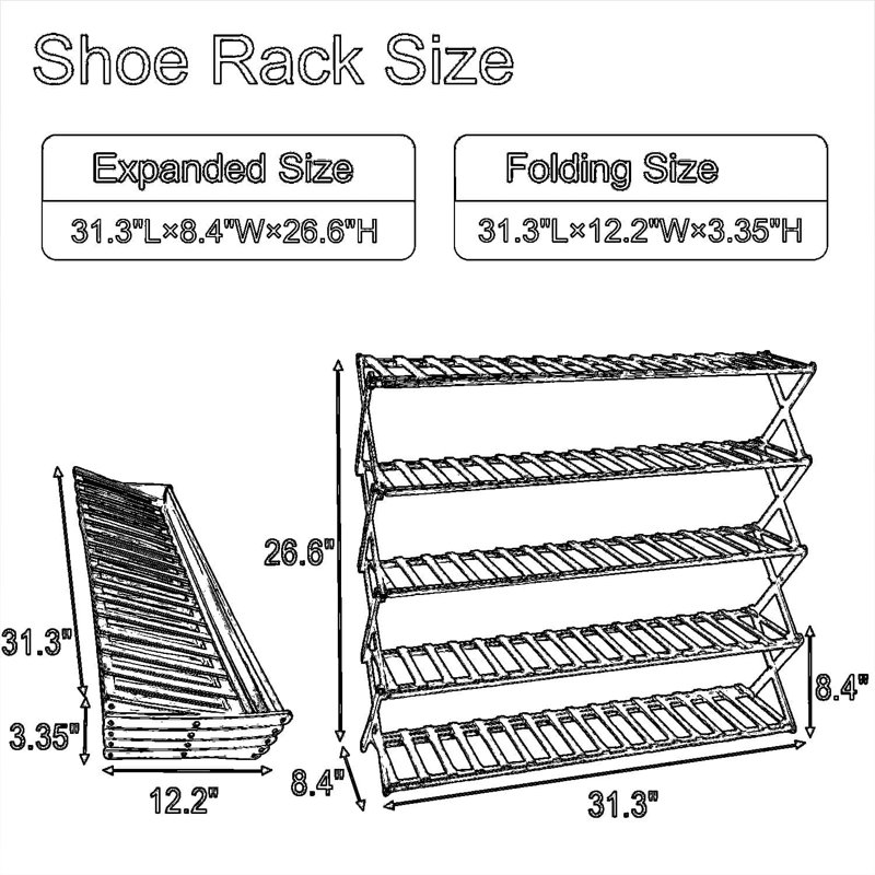 Étagère à chaussures en bambou à 5 niveaux pour garde-robe, grand range-chaussures et tablette de rangement, aucun outil requis pour l'assemblage, conception autoportante permettant d'économiser de l'espace pour le vestibule et l'organisation à la maison