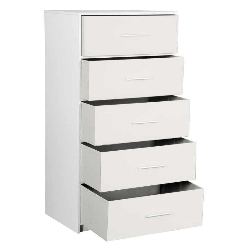 Commode 5 tiroirs avec grands tiroirs en tissu, blanc, Blanc