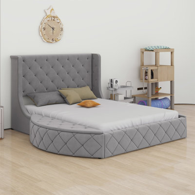 Lit plateforme tapissier avec tête de lit à oreilles et 1 grand tiroir, 2 tabourets de rangement latéraux