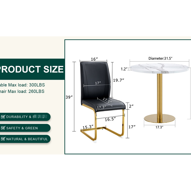 31.5" Suction Moulded Marble Pattern Table And Pu Chairs - Fashionable Look Dining For Comfortable Experience, Black, 3