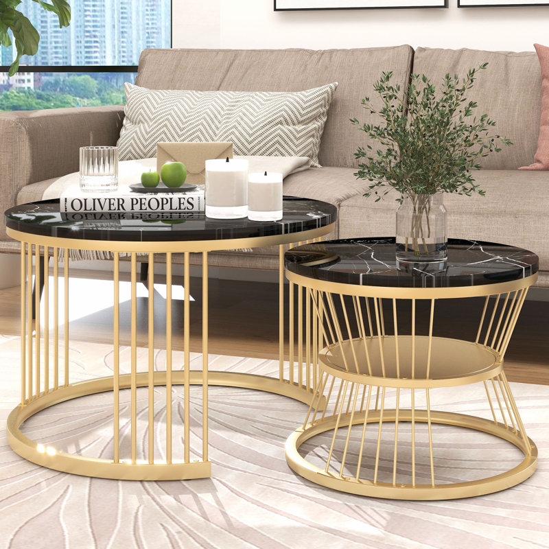Amahya Frame Coffee Table with Storage, White Marble, Gold