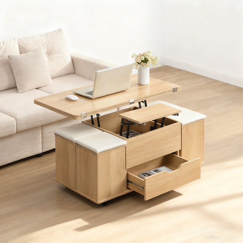 Ensemble de tables basses multifonctionnelles à plateau relevable: 4 tabourets, rangement caché et roulettes pour les espaces modernes
