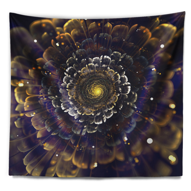 Fleurs abstraites de fractale jaune avec tapisserie violette, H 50 po x l 60 po