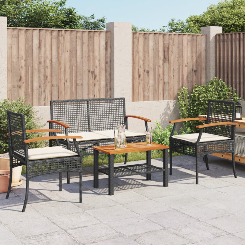 Latitude Run® 4 Piece Patio Lounge Set With Cushions Poly Rattan, Black, Beige