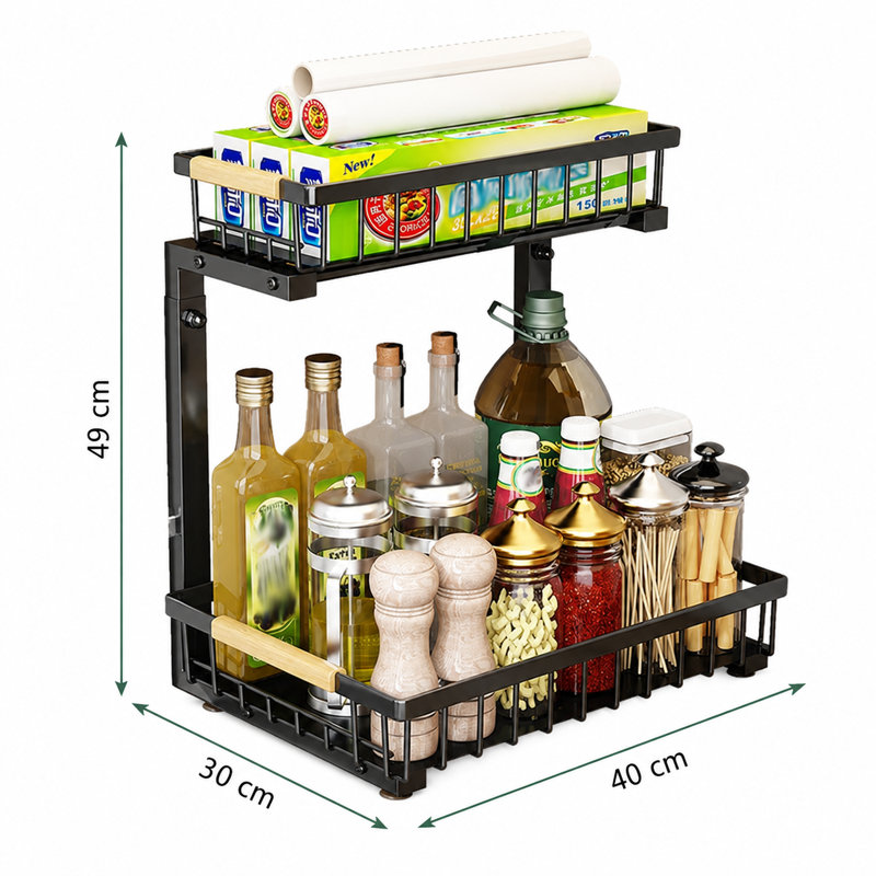 Adjustable 2-Tier Under Basin Organizer Rack - L-Shaped Sliding Carbon Steel Shelf with Suction Cups - Space-Saving Storage for Kitchen or Bathroom Cabinets - Adjustable Height 41.9 cm - 48.8 cm