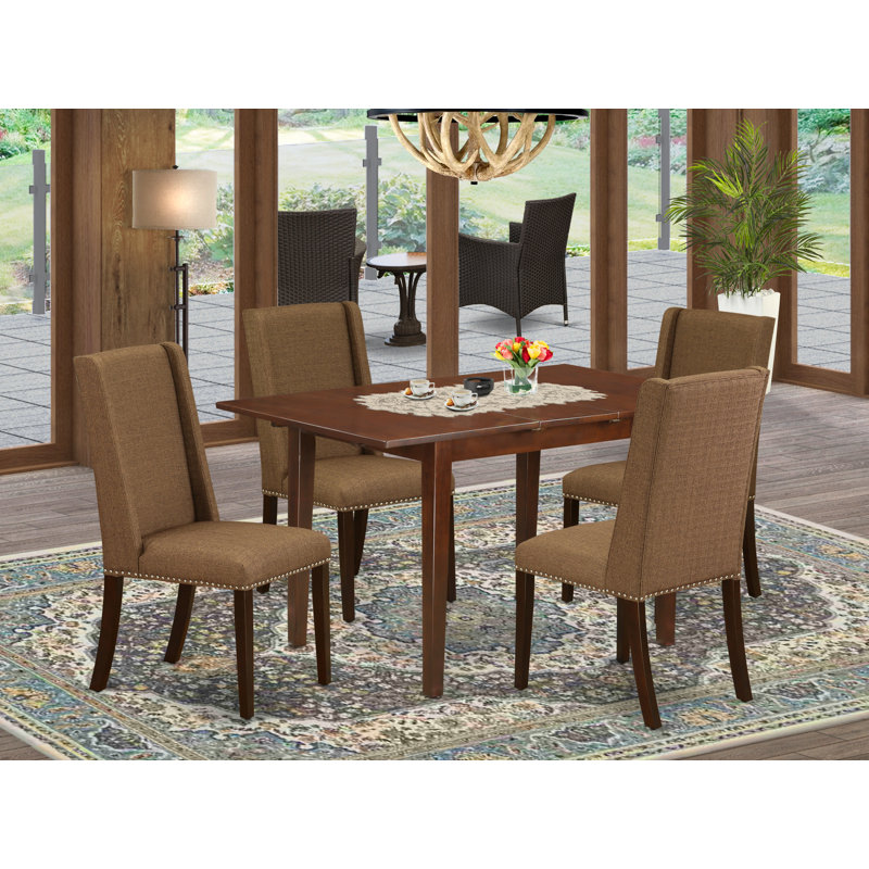 5 Piece Kitchen Table & Chairs Set Includes a Rectangle Butterfly Leaf Dining Table and 4 Brown Linen Fabric Parson Chairs, Mahogany