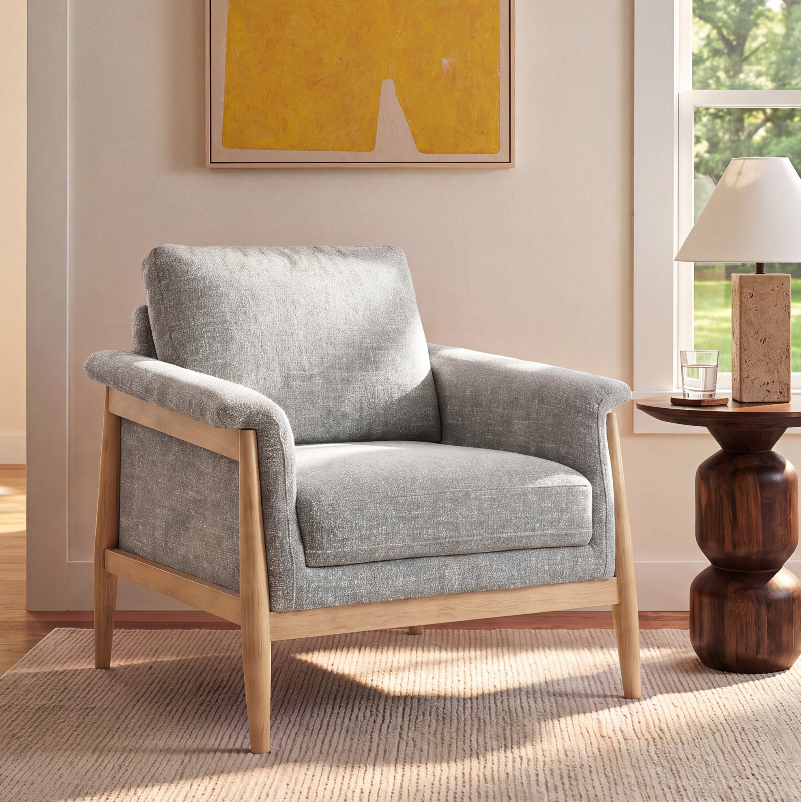 Minetta Accent Chair With Solid Wood Legs, Magnolia Light Grey Tweed