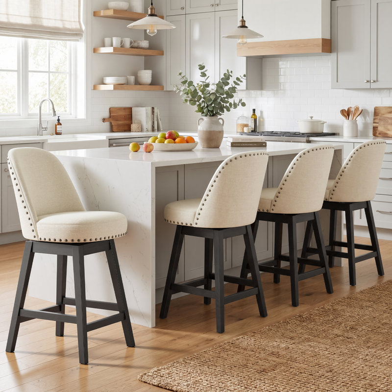 Swivel Upholstered Counter Stool with Solid Wood Frame, Beige, 4