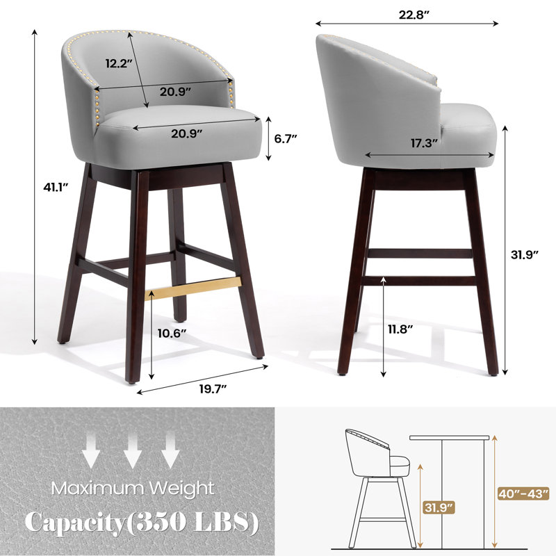 Swivel 31.9'' Faux Leather Bar Stool with Solid Wood Legs, Gray, Gray, Bar Stool (31.9" Seat Height)
