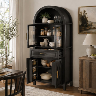 Garde-manger arqué de 71 po de hauteur avec porte vitrée, garde-manger de style campagnard avec tablettes réglables et porte de grange pour la cuisine, le salon et la salle à manger