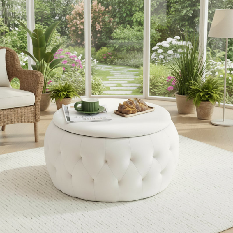 Grande table basse beige avec rangement avec repose-pieds, revêtement en velours de 25 pouces, plateau de table amovible, convient à de multiples cas de figure.