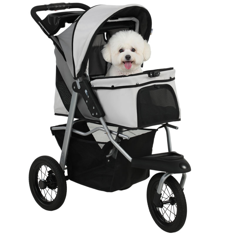Poussette pour animaux 3 roues pliable pour chien avec roues en caoutchouc 12 po, Grey
