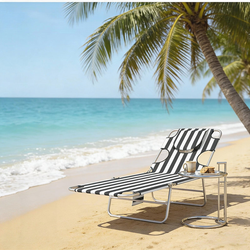 Poolside Folding Bed, Outdoor Chaise Lounge Chair with Adjustable Back and Face-Down Tanning Comfort, Black/White