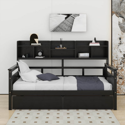 Daybed, Wood Slat Support, With Bedside Shelf And Two Drawers