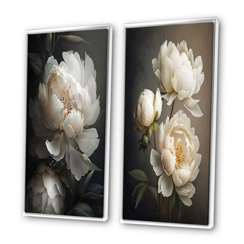 «Peony Flower III», 2 pièces sur toile, Cadre blanc, H 32 po x l 32 po