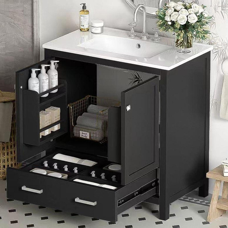 Meuble-lavabo noir de 30 po avec lavabo simple, meuble-lavabo encastré, armoire de rangement avec 2 portes et un tiroir, fermeture en douceur, rangement multifonctionnel, structure en bois massif