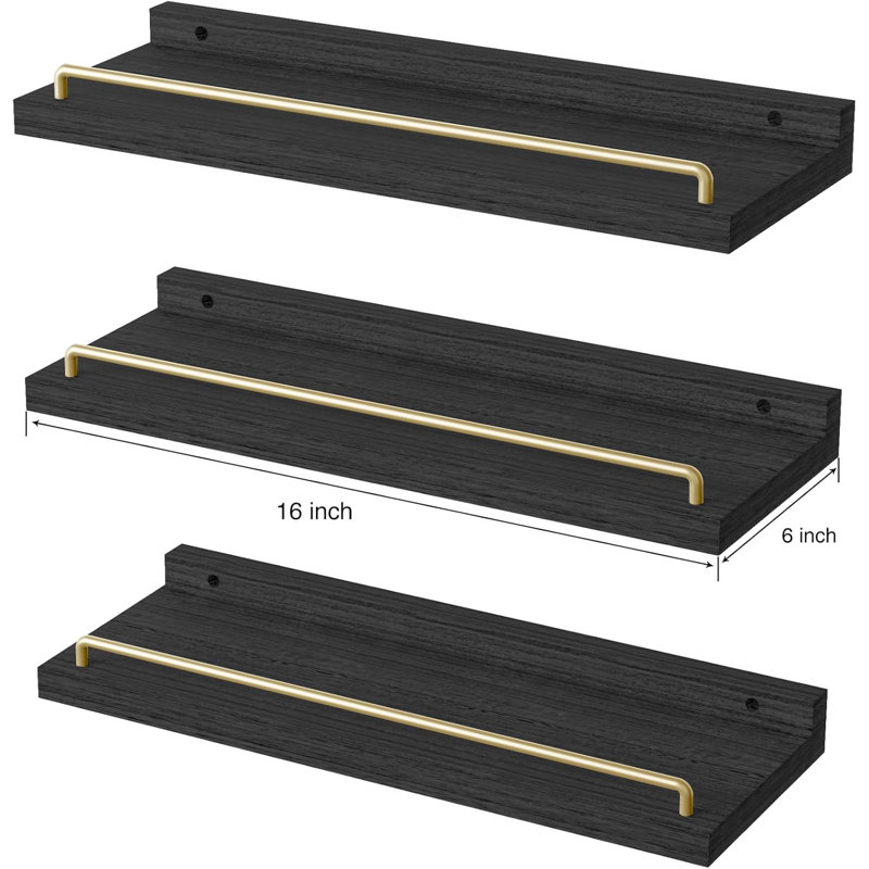 Talissa 3 Piece Wood Floating Shelf, Black/Gold