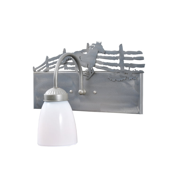 Steel Horse Motif Vanity Sconce with White Glass Shade