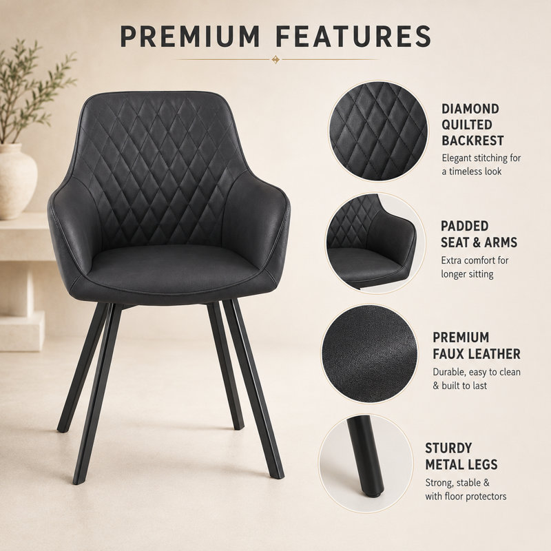  Modern Taylors Dark Grey Faux Leather Dining Chairs Set For Dining Room Furniture, 4