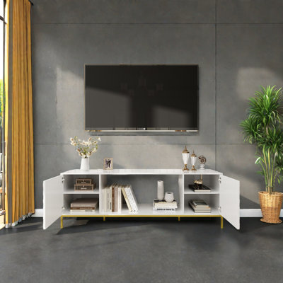 Meuble télé 70 po, meuble multimédia en bois robuste avec rangement et tablettes ouvertes