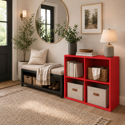 Modern 4 Cube Storage Organizer Bookcase with Open Shelves, Stackable Cubby & Compact Display Shelf for Living Room, Bedroom, Kids Room, or Home Office – Red