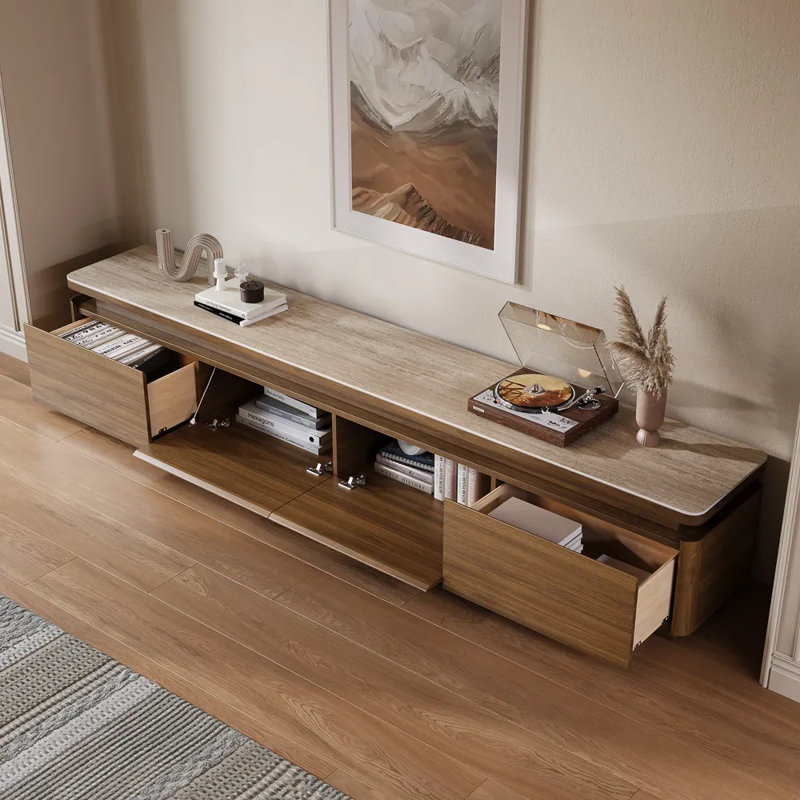Modern TV Stand With Adjustable LED Lights, Sintered Stone Top, Fully Assembled, 15.75"H x 94"L x 15.95"W, Brown/Beige