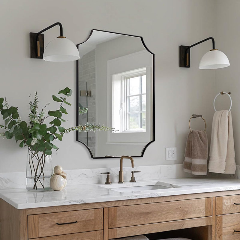 Tariro Contemporary Notched Corner Scalloped Rectangle Bathroom Vanity Mirror | Stainless Steel Frame, Matte Black, 36" x 24"