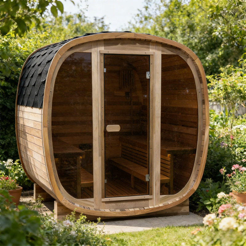 4-6 Person Outdoor Square Traditional Steam Sauna, Tinted Glass And Red Cedar Solid Wood