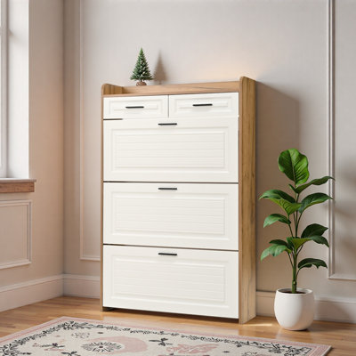 Shoe Cabinet With 3 Hidden Flip Drawers & 2 Storage Drawer,Particle Board Narrow Shoe Storage Cabinet,Freestanding Shoe Organizer Cabinet For Entryway Hallway