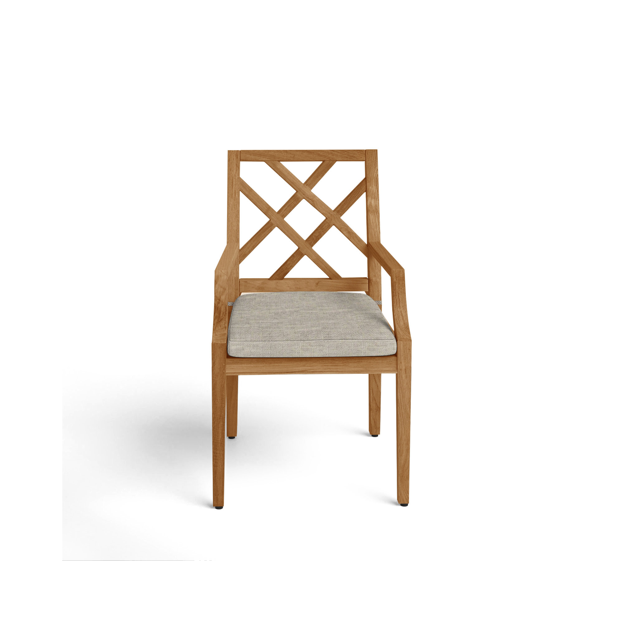 Haley Teak Outdoor Arm Chair Latticework Back, Natural Teak, Dove Sunbrella® Linen, No Welt