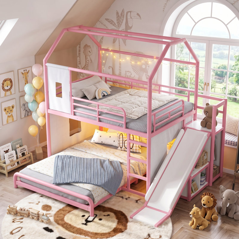 Lit superposé pour enfant avec glissade, lumières DEL, rideau d'intimité et rangement AVELOR Playhouse, Double sur double