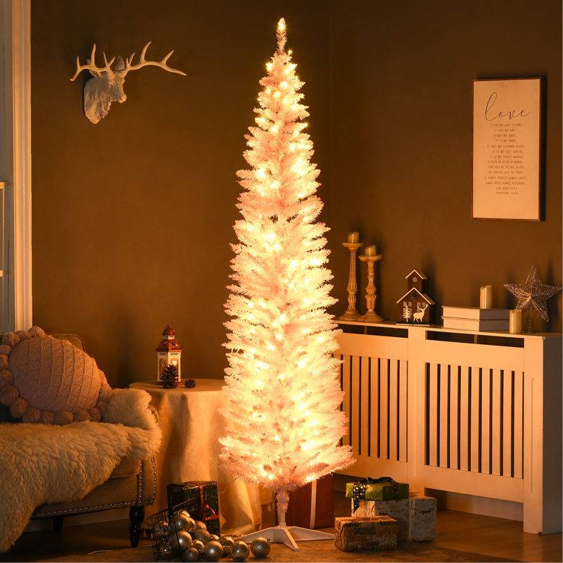 Sapin de Noël artificiel mince de 7 pi de hauteur avec 200 lumières DEL blanc chaud et 499 pointes, pour décoration de Noël, rose