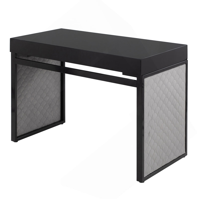 Upholstered Desk In Black Steel, Black Wood And Silver Velvet
