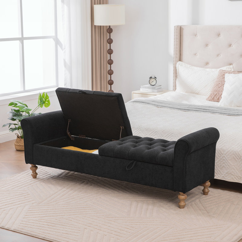 Large banc de rangement rembourré moderne, Noir, Black