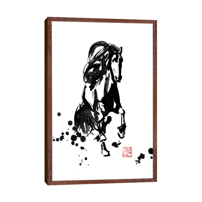 Running Horse by Péchane - Print on Canvas, 101.6 cm H x 66.04 cm W, Classic Brown Wood Framed