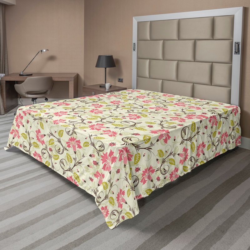 Ambesonne Top Flat Sheet Curving Art, King Flat Sheet, Pale Green/Pink Floral