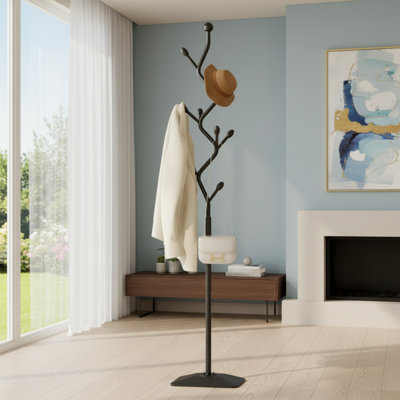 Black Tree-Shaped Metal Coat Rack, 8 Hooks For Easy Storage Of Clothes, Hats, And Scarves, Cast Iron Base For Stability, Heavy-Duty Independent Model.