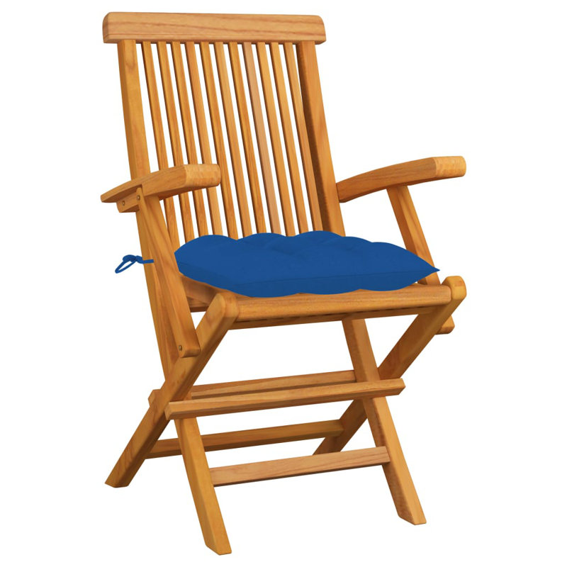 Chaise de patio pliante en teck avec coussin Dululu, Bleu