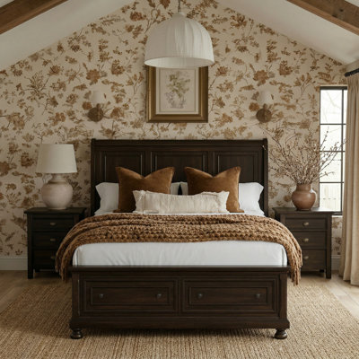 Storage Platform Bed with 2 Drawers, Wood Frame with Paneled Headboard