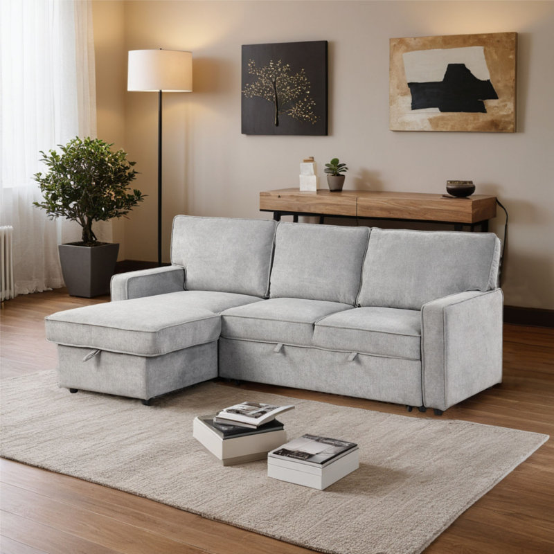 Canapé-lit modulaire avec rangement USB et 2 porte-gobelets Rogel Upholstery, Polyester gris