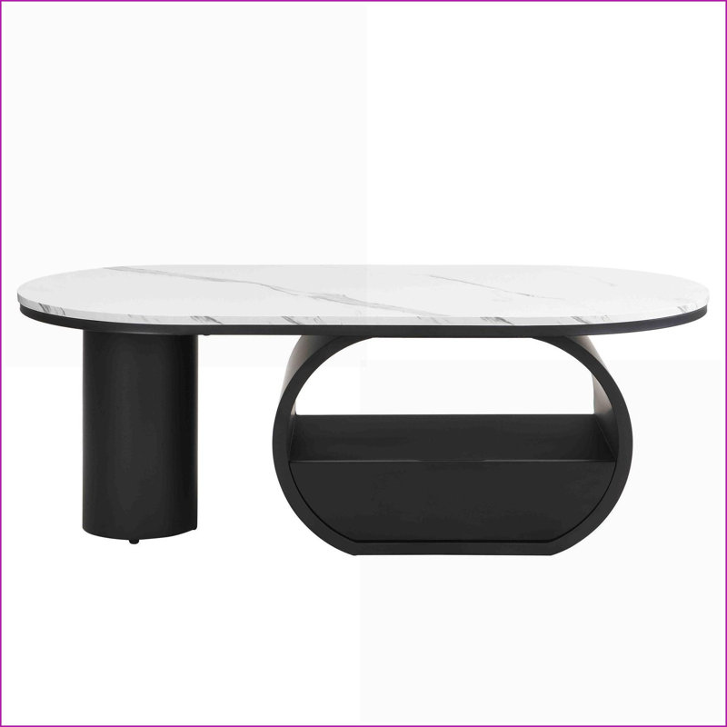 Table basse ovale en métal 47,24 po avec tiroir de rangement et pieds réglables pour le salon, Blanc, Noir