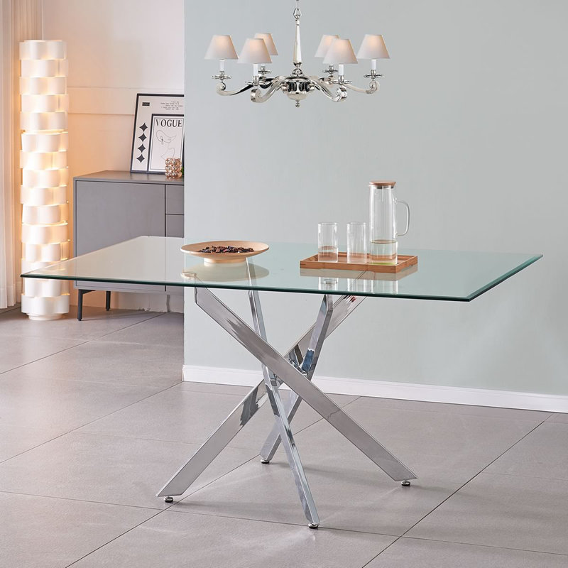 Dalija 150cm Glass Dining Table With Cross Legs, Silver