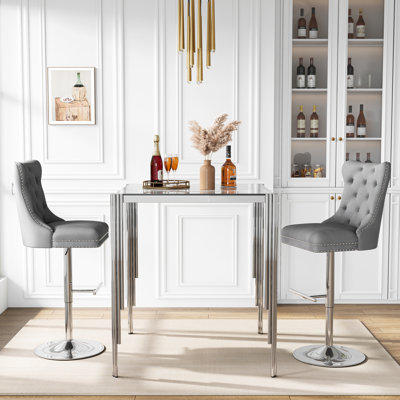 Modern Square Glass Bar Table Set, 37" Clear Tempered Glass Top And Irregular Stainless Steel Legs, Velvet Padded Swivel Bar Stools With Tufted Back And Nailhead Trim