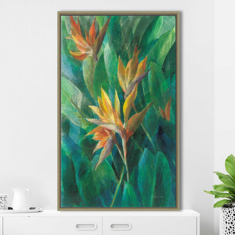 Oiseau du paradis II - Peinture, Cadre flottant champagne, H 63,5 po x l 39,5 po x P 2 po