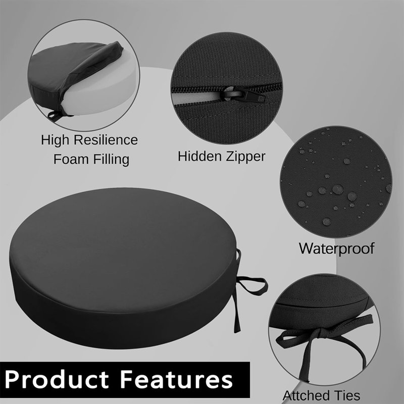 Outdoor Dining Chair Cushions, 15”x15”x 3” Thick Outdoor Round Seat Cushions Set of 4 with Ties, Splash-resistant Round Patio Furniture for Garden,Black