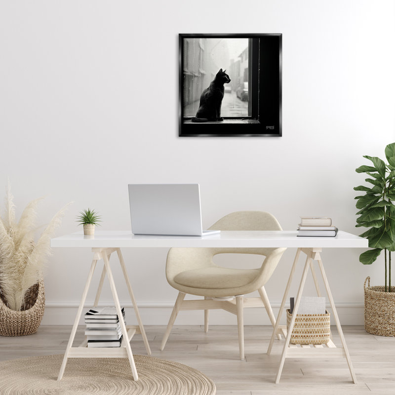 «Cat Gazing Rainy Window» par Roozbeh Bahramali, Cadre flottant noir de jais, H 25 po x l 25 po