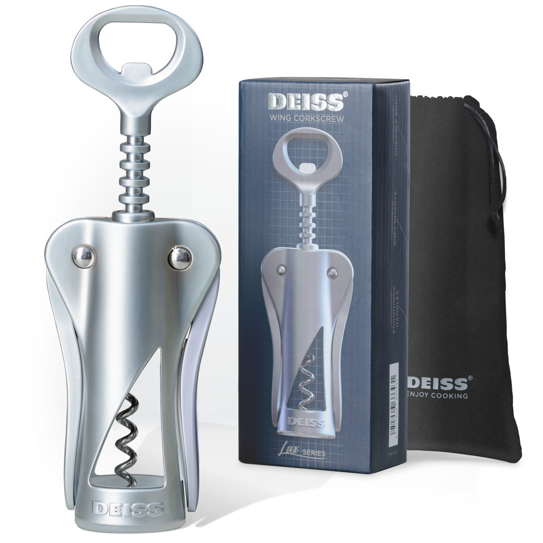 Deiss Lux Wine Opener, All-metal Wing Corkscrew Wine Bottle Opener With Built-in Beer Bottle Opener - Ergonomic Cork Screw Wine Corker, Silver Matte Coating, Velvet Storage Pouch, Perfect Wine Gift DEISS