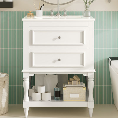 Meuble-lavabo de 24 po avec lavabo en céramique, rangement rétro, tablette ouverte et 2 tiroirs, évier luxueux à finition brillante